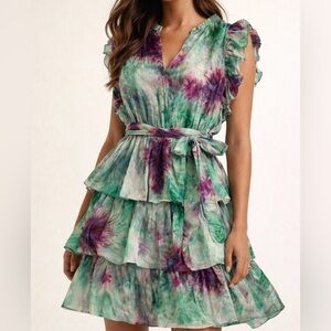 Marie Oliver Emery Mini Dress Whimsical Tiered Ruffles Green Berry Tie-Dye XS